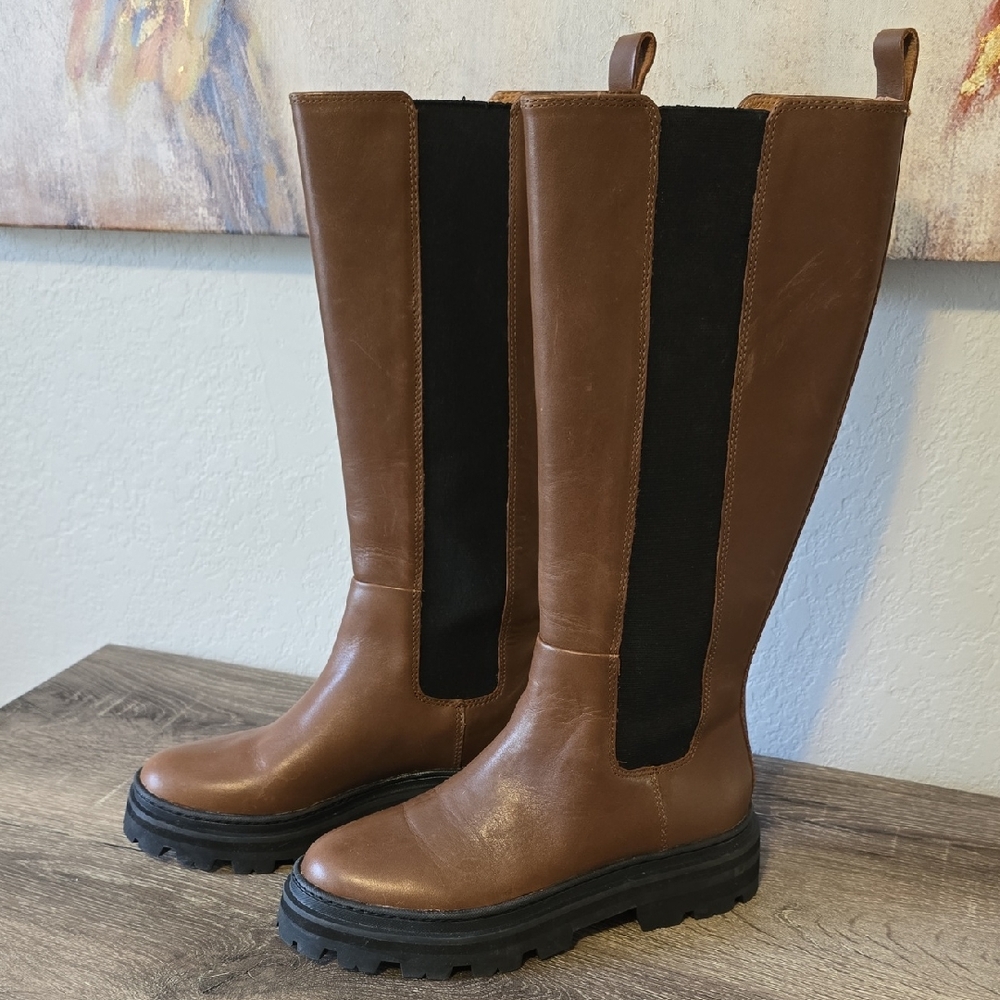 Madewell Brown Leather Heeled Boots with Black Panel - Picture 1 of 11